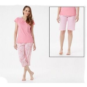 NEW Carole Hochman Paisley Gingham 3pc Pajama Set Coral XS #73757